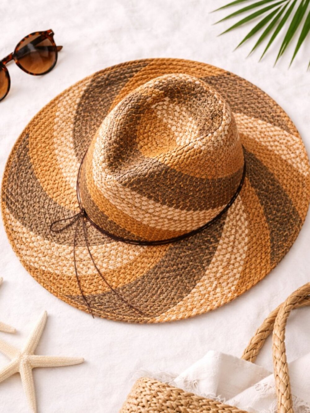 Mark. Wide Brim Straw Sun Hat Tan Brown Woven Stripe Beach Boho Chic